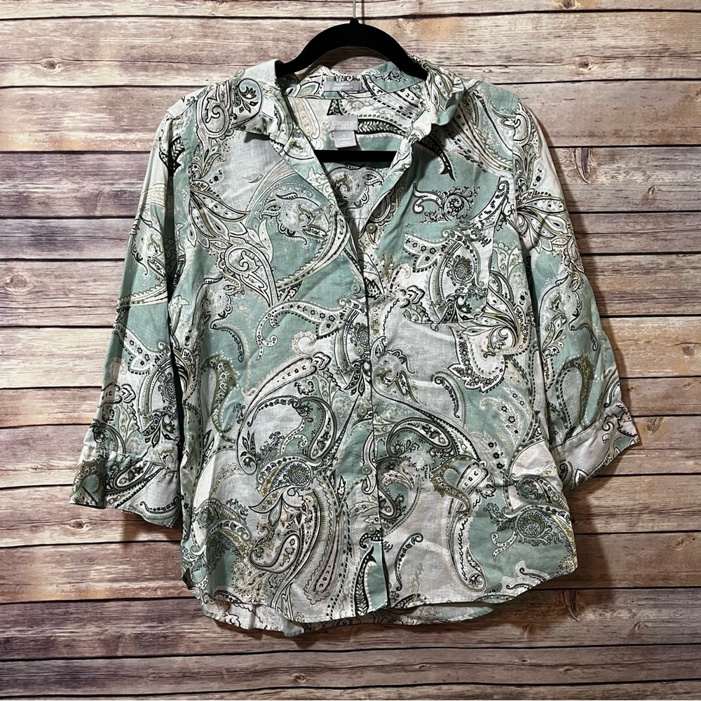 Chicos No Iron 100% Linen Paisley Print 3/4 Sleeve Button Up Blouse Size 8/10
